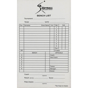 Softball NSW Bench List/Line Up Book